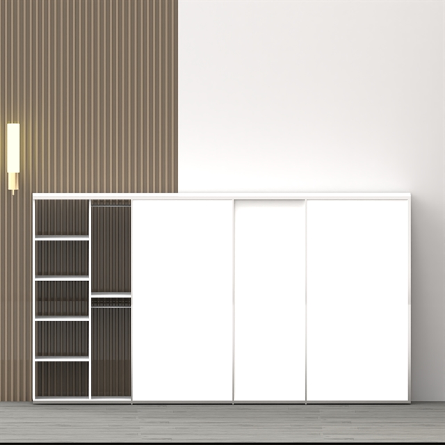 XL Garderobeskab 323,80 cm med 4 bøjlestænger og hvide skydelåger – dansk design, nem montering