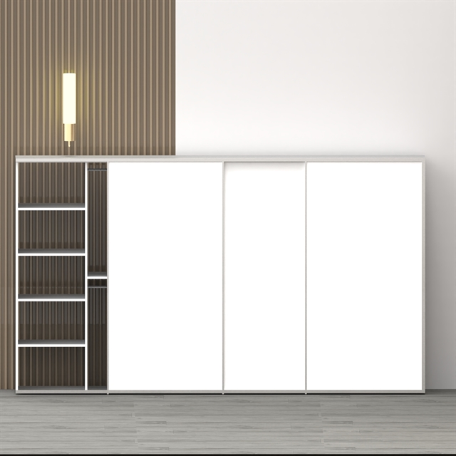 Kæmpe Garderobeskab 343,80 Cm Med 3 Hvide Skydelåger – Hylder Og Bøjlestænger, Dansk Design, Nem Montering