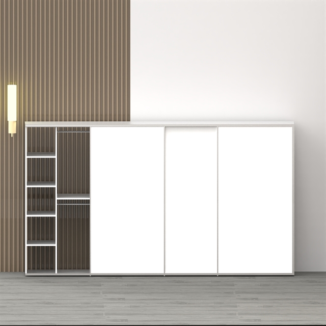 Luksus garderobeskab 380,30 cm med 3 hvide skydelåger – hylder og bøjlestænger, dansk design, nem montering