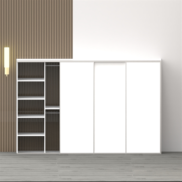 Rummelig Garderobe 283,30 Cm Med 3 Hvide Skydelåger – Hylder Og Bøjlestænger, Dansk Design, Nem Montering